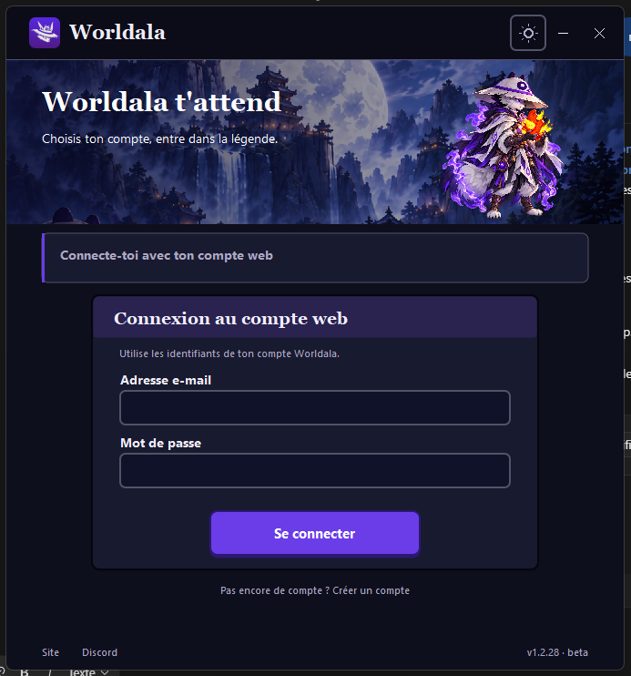 Worldala launcher sign-in screen with email and password fields for the web account.