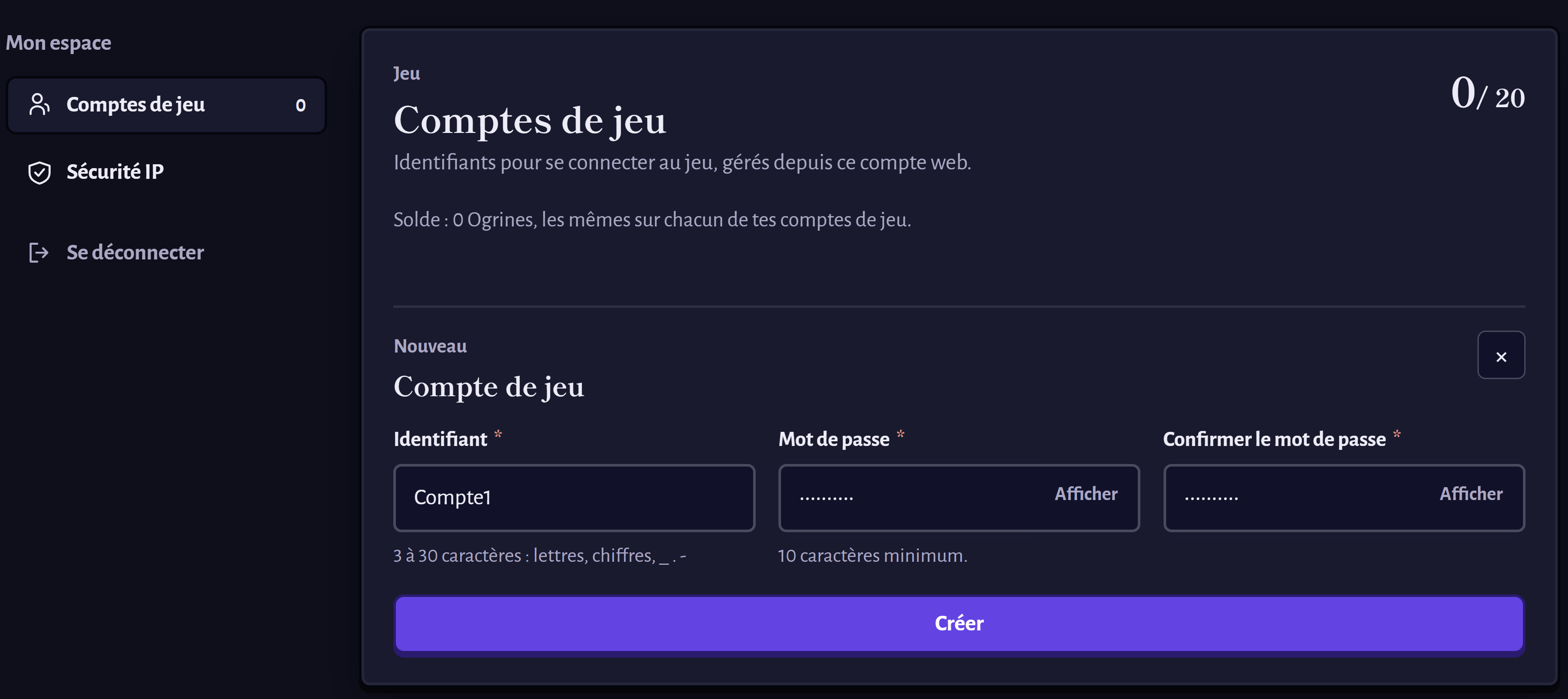 Game account form with login, password and Create button.
