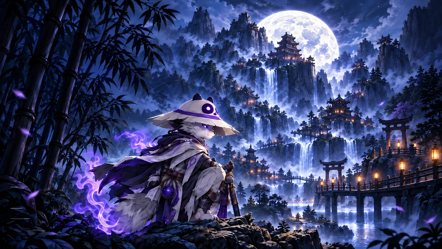 The Worldala mascot, sitting on a rock, looks out over a valley of Pandala under the full moon.